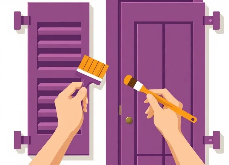 Mise en peinture au pinceau de volets et d'encadrements en bois