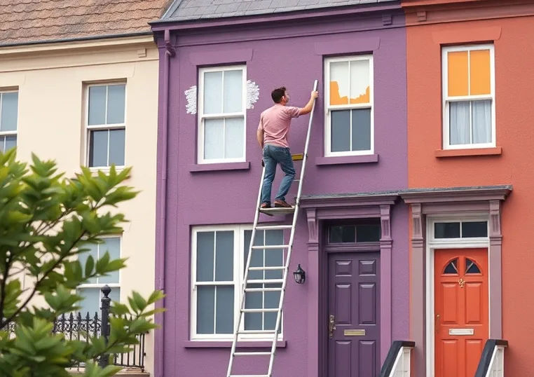 Peintre sur échafaudage traitant la façade d'une maison
